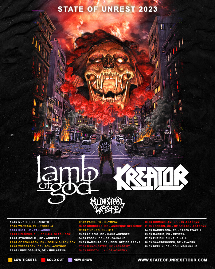 Lamb Of God & Kreator announce Municipal Waste as support for their 2023 European Co-Headline Tour 